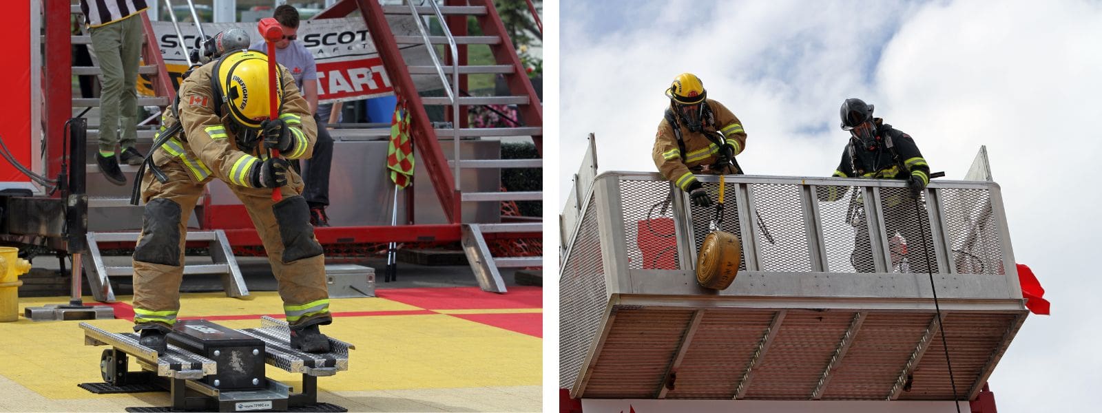 Coach JW competing in FireFit in full firefighter gear, swinging a sledgehammer and lowering a hose roll from the tower.